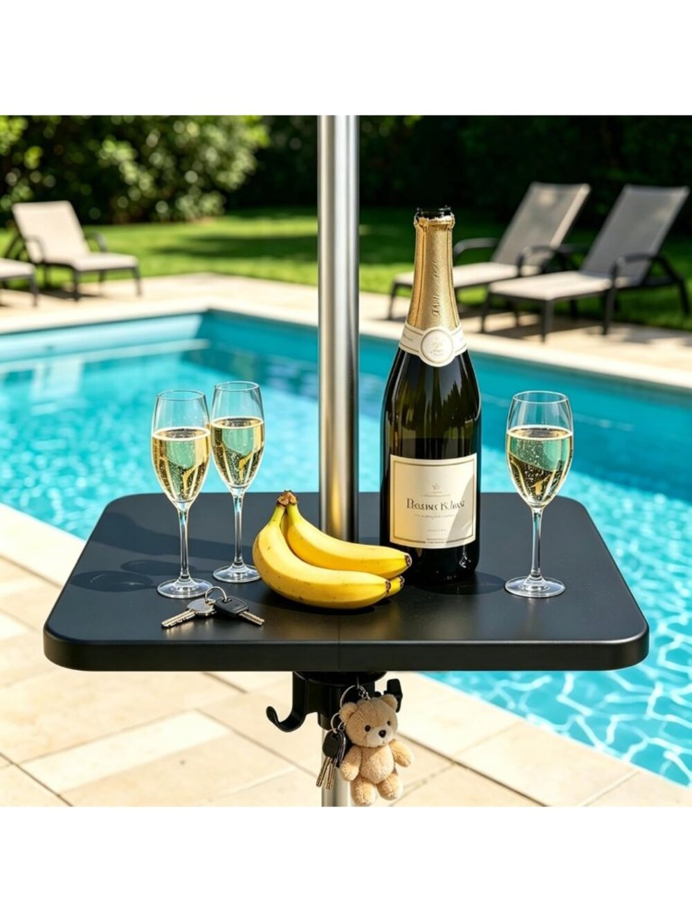 Adjustable Outdoor Umbrella Table Tray with Hooks - 16.54" Square, Fits 1.5